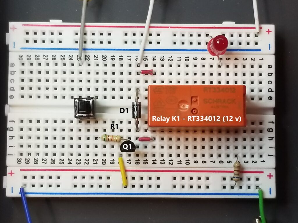 Breadboarded single stage relay driver circuit design