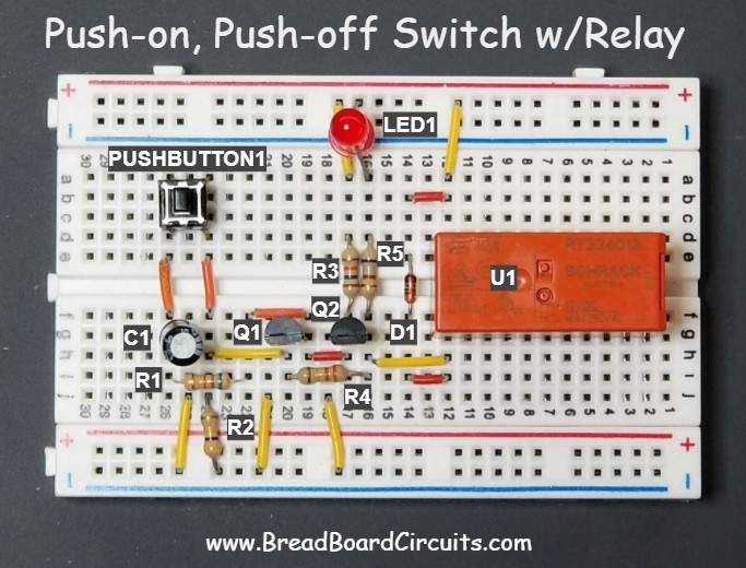 Transistor Push-on, Push-off Latching Switch with Relay