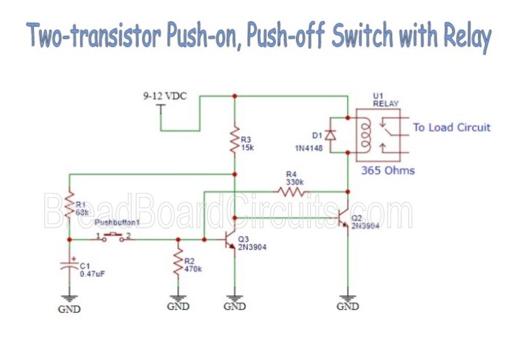 Two-transistor Soft Latching Push-on, Push-off Switch Circuit with Relay