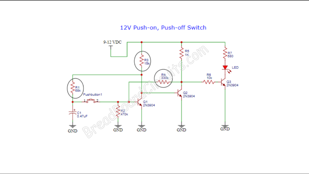9V - 12V Push-on, Push-off, Soft Latch Circuit